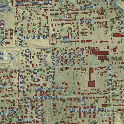 Close-up of the map of Woodcrest, California print showing street and building detail