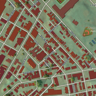 Close-up of the map of Lower Lawrenceville, Pennsylvania print showing street and building detail