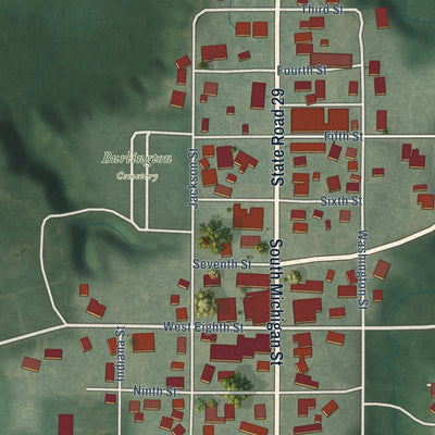 Close-up of the map of Burlington, Indiana print showing street and building detail