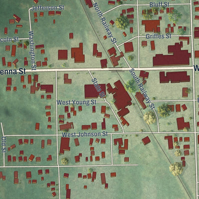 Close-up of the map of Clio, Michigan print showing street and building detail