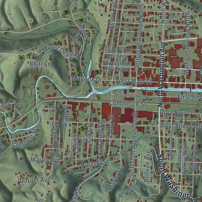 Close-up of the map of Pulaski, Virginia print showing street and building detail