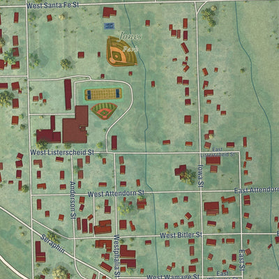 Close-up of the map of Olpe, Kansas print showing street and building detail