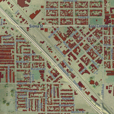 Close-up of the map of Kingsburg, California print showing street and building detail