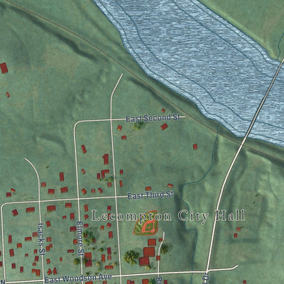 Close-up of the map of Lecompton, Kansas print showing street and building detail