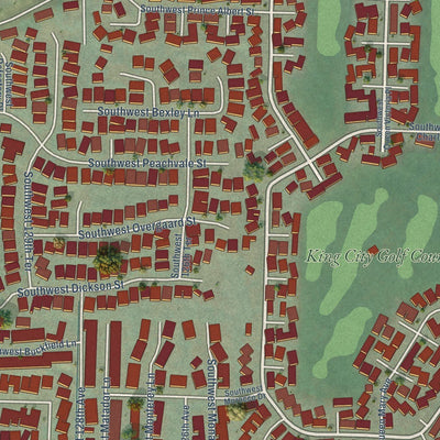 Close-up of the map of King City, Oregon print showing street and building detail