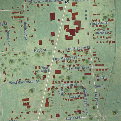 Close-up of the map of Kirbyville, Texas print showing street and building detail