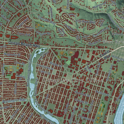 Close-up of the map of Longview, Washington print showing street and building detail