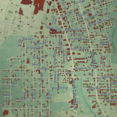 Close-up of the map of Bogalusa, Louisiana print showing street and building detail