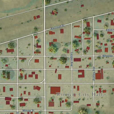 Close-up of the map of Winnett, Montana print showing street and building detail