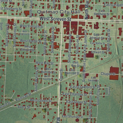 Close-up of the map of Quitman, Georgia print showing street and building detail