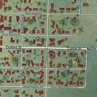 Close-up of the map of Mendon, Illinois print showing street and building detail