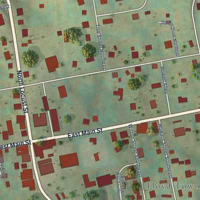 Close-up of the map of Floyd, Virginia print showing street and building detail