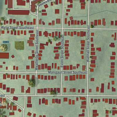 Close-up of the map of Reynoldstown, Georgia print showing street and building detail