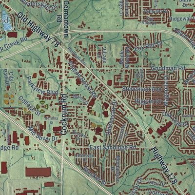 Close-up of the map of Olive Branch, Mississippi print showing street and building detail