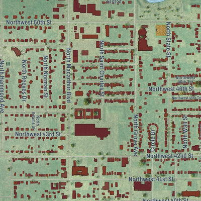 Close-up of the map of Warr Acres, Oklahoma print showing street and building detail