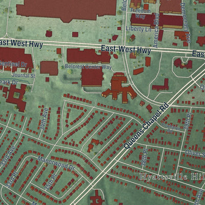 Close-up of the map of Hyattsville, Maryland print showing street and building detail