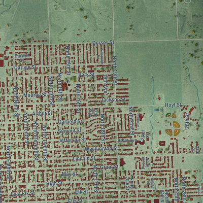 Close-up of the map of Beatrice, Nebraska print showing street and building detail