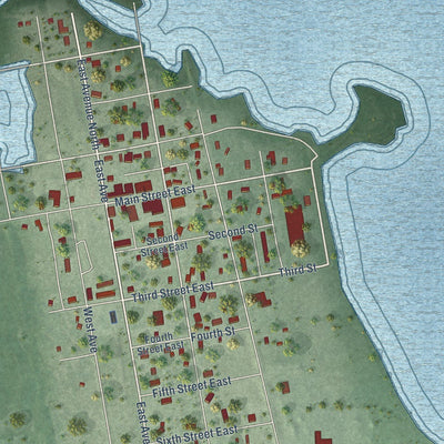 Close-up of the map of Minnewaukan, North Dakota print showing street and building detail