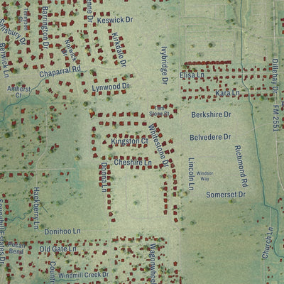 Close-up of the map of Parker, Texas print showing street and building detail