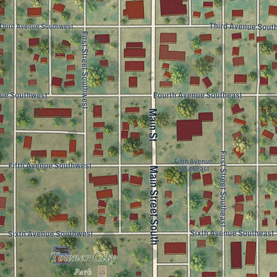 Close-up of the map of Towner, North Dakota print showing street and building detail