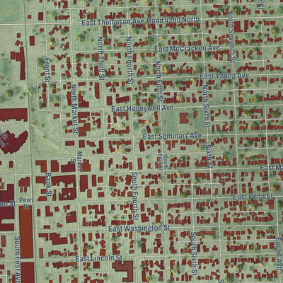 Close-up of the map of Hoopeston, Illinois print showing street and building detail