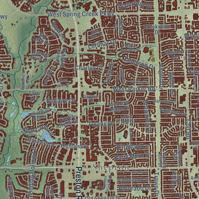 Close-up of the map of Plano, Texas print showing street and building detail