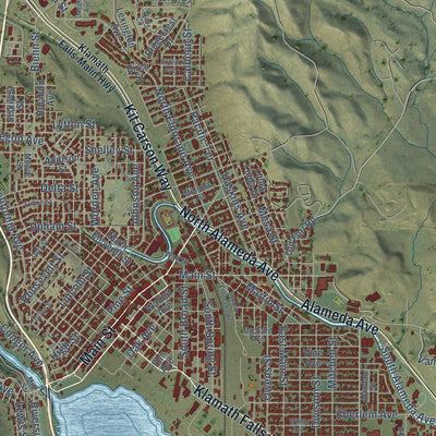Close-up of the map of Klamath Falls, Oregon print showing street and building detail