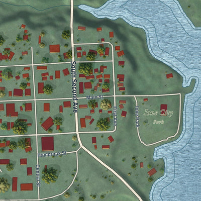 Close-up of the map of Ione, Washington print showing street and building detail