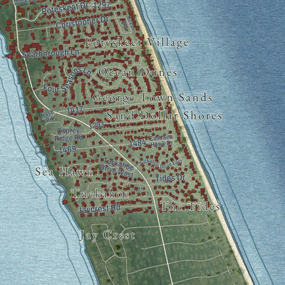 Close-up of the map of Duck, North Carolina print showing street and building detail