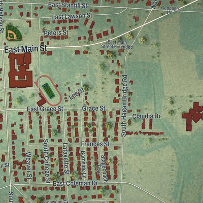 Close-up of the map of Hahira, Georgia print showing street and building detail