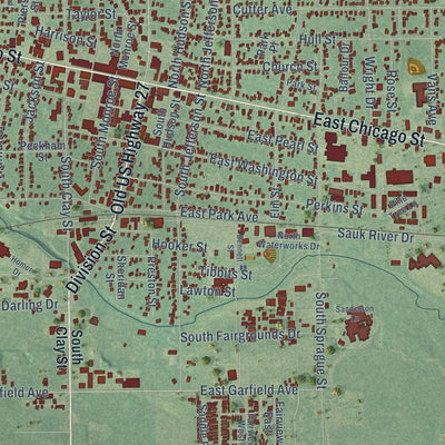 Close-up of the map of Coldwater, Michigan print showing street and building detail