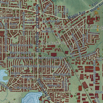 Close-up of the map of Mundelein, Illinois print showing street and building detail