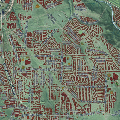 Close-up of the map of Renton, Washington print showing street and building detail