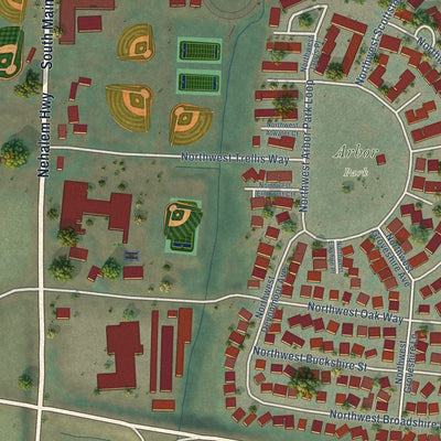 Close-up of the map of Banks, Oregon print showing street and building detail