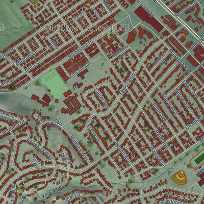 Close-up of the map of Millbrae, California print showing street and building detail