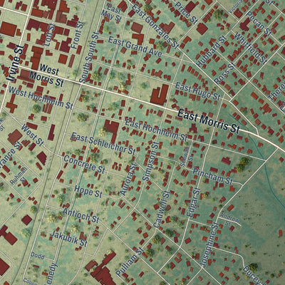 Close-up of the map of Yoakum, Texas print showing street and building detail
