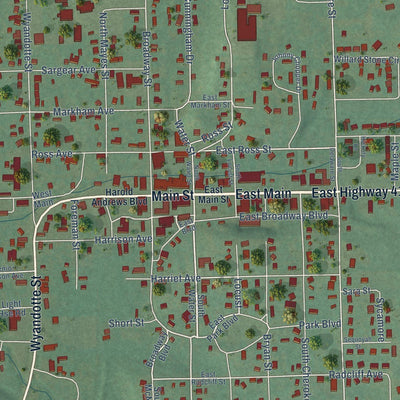 Close-up of the map of Locust Grove, Oklahoma print showing street and building detail