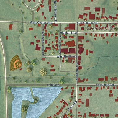 Close-up of the map of Monticello, Green County, Wisconsin print showing street and building detail