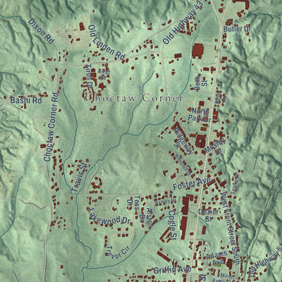 Close-up of the map of Thomasville, Alabama print showing street and building detail
