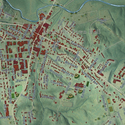 Close-up of the map of Farmville, Virginia print showing street and building detail