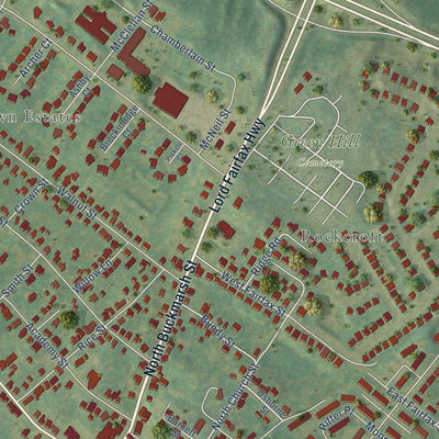 Close-up of the map of Berryville, Virginia print showing street and building detail