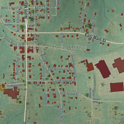 Close-up of the map of Candor, North Carolina print showing street and building detail