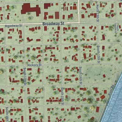 Close-up of the map of Dakota City, Nebraska print showing street and building detail