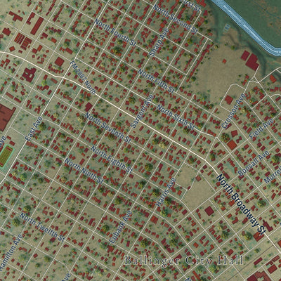 Close-up of the map of Ballinger, Texas print showing street and building detail