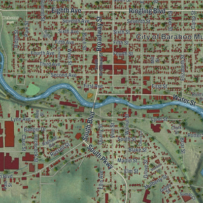 Close-up of the map of Baraboo, Wisconsin print showing street and building detail