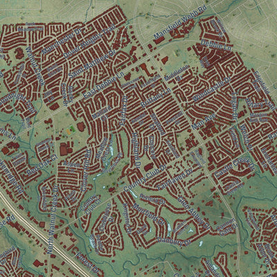 Close-up of the map of Mansfield, Texas print showing street and building detail