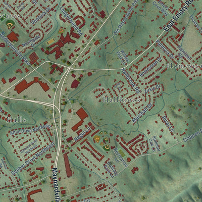 Close-up of the map of Halls Crossroads, Tennessee print showing street and building detail