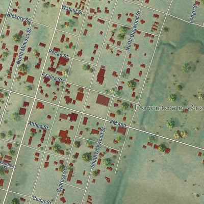 Close-up of the map of Ore City, Texas print showing street and building detail