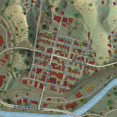 Close-up of the map of St. Paul, Virginia print showing street and building detail