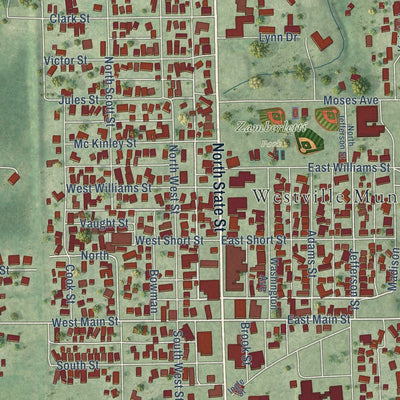 Close-up of the map of Westville, Illinois print showing street and building detail